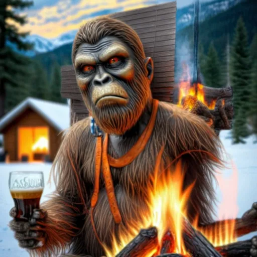 Prompt: Sasquatch drinking a beer by the fire

