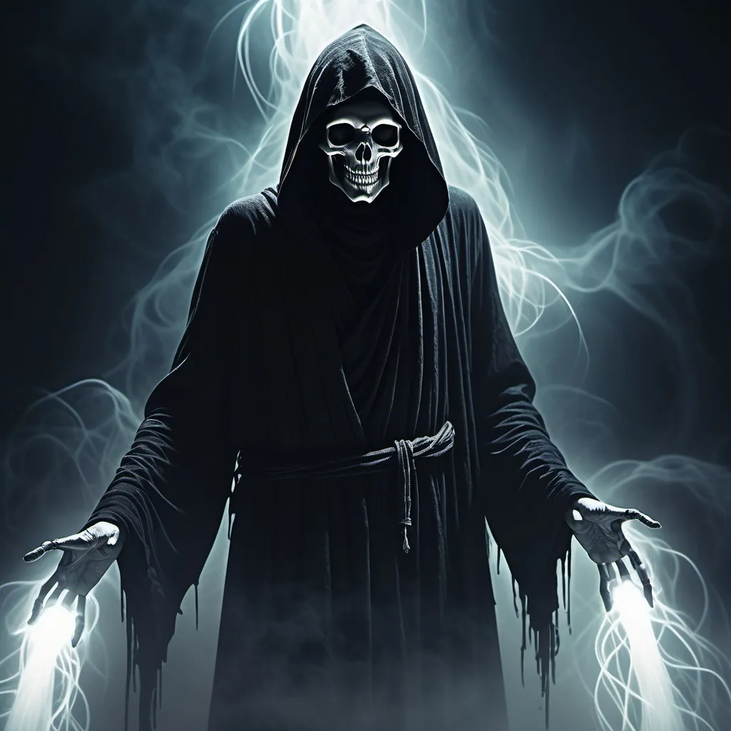 Prompt: (Grim Reaper guiding souls to the afterlife), eerie atmosphere, dark and shadowy tones with hints of luminescent white, ethereal background, stylized mist and spectral lights, high contrast lighting, powerful and haunting imagery, mystical essence, dramatic, ultra-detailed, 4K resolution.