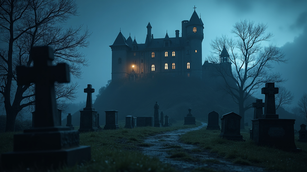 Prompt: haunting nighttime scene of a castle lit up at night on a hill above a forgotten cemetery with a cemetery marker in the foreground,  ghostly figure can be seen pacing the castle ramparts, otherworldly glow emanates from the castle windows, Alexander Johnston, magical realism, award - winning photography, a tilt shift photo