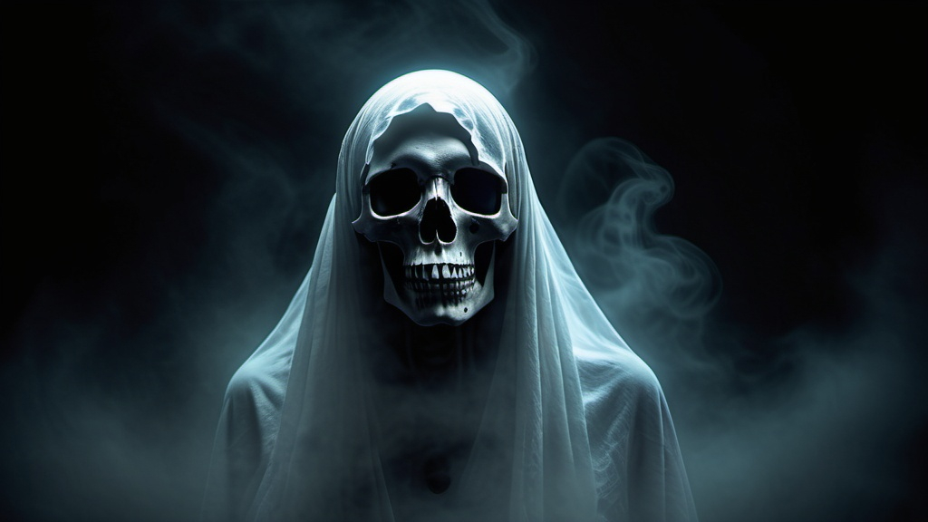 Prompt: (spooky ghost), eerie atmosphere, ghostly apparition floating out of a (skull with eye hole), dimly lit, haunting shadows, glowing ethereal light, shadowy background, unsettling vibes, high detail, 4K quality, dramatic color contrasts, misty effects, otherworldly presence, chilling undertone.