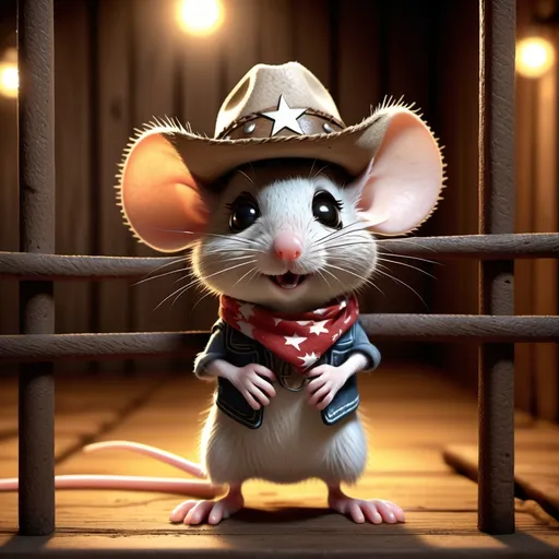 Prompt: CGI image of a (cute mouse) dressed as a (cowboy), small expressive eyes, playful smile, wearing a miniature cowboy hat and a star-patterned bandana, behind bars in a (wild-west style prison), dramatic lighting, vibrant colors, detailed textures, rustic wooden bars, dusty floor, playful atmosphere, high quality 4K resolution, whimsical expression, western accessory elements like a tiny hat and lasso, gun belt with pistol and holster set. nostalgic wild west ambiance.