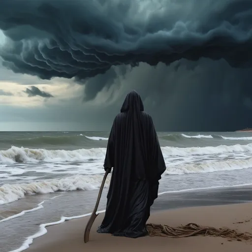 Prompt: (grim reaper in trunks at the beach), surreal scene, (overcast skies), dark cloud formations blending with sandy textures, whimsical vibes, ocean waves gently crashing,  captures the juxtaposition of life and death, playful yet eerie atmosphere, high detail, (vibrant colors) contrasting with dark figures, (high-quality, 4K).