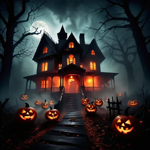 Prompt: haunted house illuminated by (glowing jack-o'-lanterns), surrounded by (eerie mist), (spooky forest setting),group of scared trick-or-treaters making their way down the haunted house. featuring (witches in brooms, spooky ghosts), (foggy ambiance), (red full moon), (dramatic silhouettes in foreground), atmospheric and chilling lighting, dark tones, ultra-detailed, Halloween-themed, haunting mood, shadows and light interplay, cinematic depth.