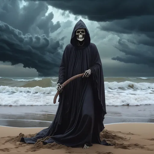 Prompt: (grim reaper in trunks at the beach), surreal scene, (overcast skies), dark cloud formations blending with sandy textures, whimsical vibes, ocean waves gently crashing,  captures the juxtaposition of life and death, playful yet eerie atmosphere, high detail, (vibrant colors) contrasting with dark figures, (high-quality, 4K).