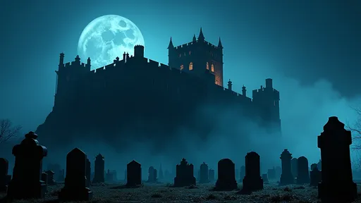 Prompt: A haunting nighttime scene of Edinburgh Castle looming over a historic graveyard. The castle, bathed in an eerie, moonlight glow, casts long shadows across the weathered tombstones. A swirling mist rises from the castle walls, hinting at supernatural activity within. The sky is a deep, inky blue, punctuated by a few distant stars. The overall atmosphere is one of mystery, suspense, and the unknown. A ghostly figure can be seen pacing the castle ramparts, otherworldly glow emanates from the castle windows.