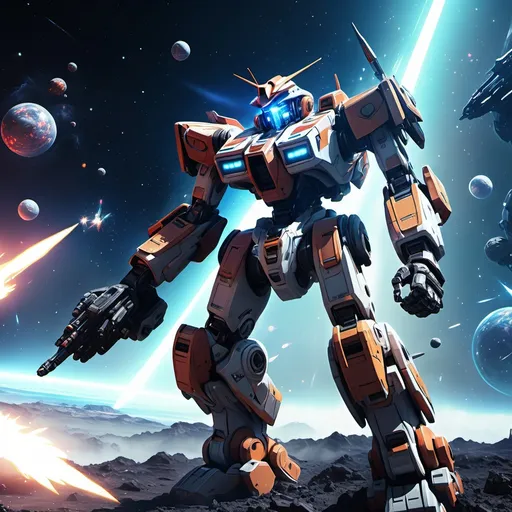 Prompt: (Mecha warriors battle in space), (Robotech-inspired), dynamic action scene, high-energy combat, intricate mech designs, cosmic backdrop with distant stars and planets, vibrant colors, cool-toned lighting, ultra-detailed CGI, epic and futuristic atmosphere, intense and dramatic, battle effects, sci-fi theme, 4K quality.