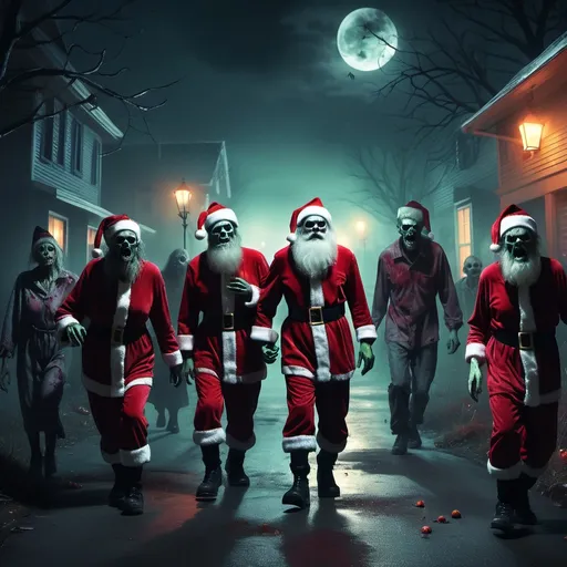 Prompt: (zombies dressed as Santa), eerie atmosphere, Halloween theme, trick-or-treating scene, spooky decorations, dimly lit streets, (faint moonlight), ominous shadows, haunting expressions, vibrant colors contrasted with dark surroundings, (gritty texture), (highly detailed), (4K), unsettling yet whimsical mood, retro horror aesthetic, playful yet frightening.