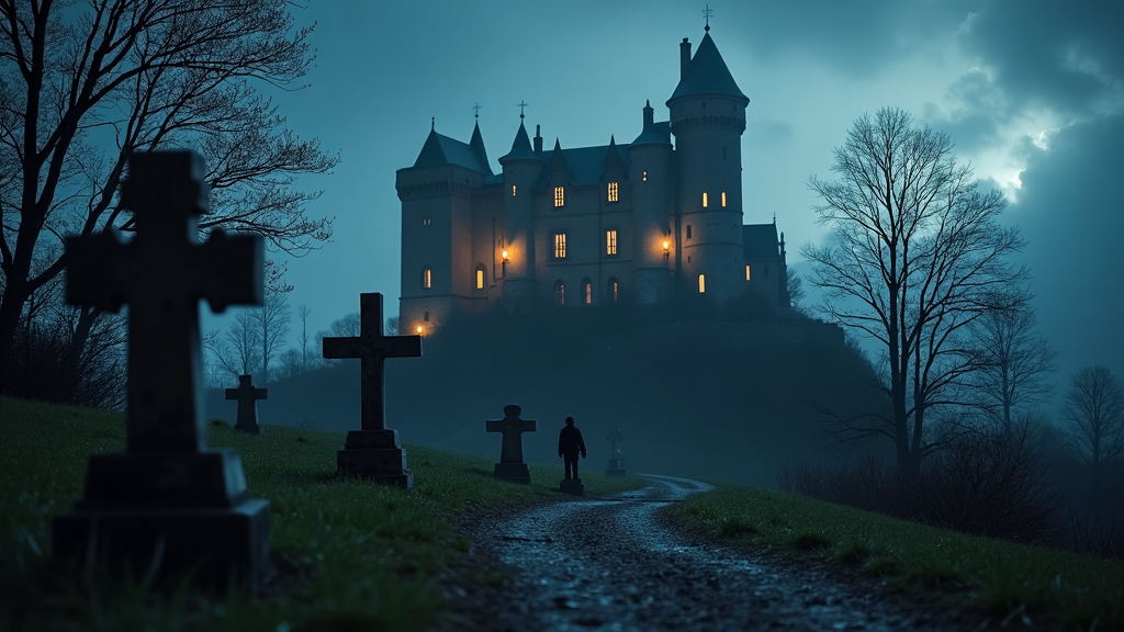 Prompt: haunting nighttime scene of a castle lit up at night on a hill above a forgotten cemetery with a cemetery marker in the foreground,  ghostly figure can be seen pacing the castle ramparts, otherworldly glow emanates from the castle windows, Alexander Johnston, magical realism, award - winning photography, a tilt shift photo