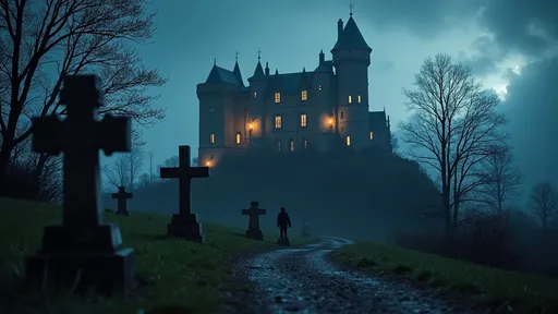 Prompt: haunting nighttime scene of a castle lit up at night on a hill above a forgotten cemetery with a cemetery marker in the foreground,  ghostly figure can be seen pacing the castle ramparts, otherworldly glow emanates from the castle windows, Alexander Johnston, magical realism, award - winning photography, a tilt shift photo