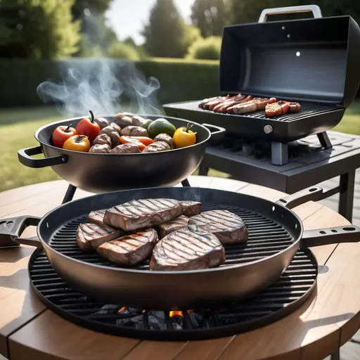 Prompt: a bowl of food sitting on a table outside next to a grill and a grilling pan with a large grill in the background, Andries Stock, hyperrealism, detailed product photo, a stock photo