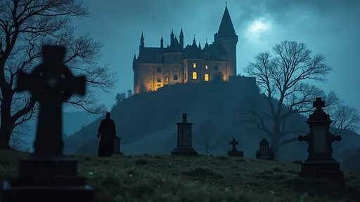 Prompt: haunting nighttime scene of a castle lit up at night on a hill above a forgotten cemetery with a cemetery marker in the foreground,  ghostly figure can be seen pacing the castle ramparts, otherworldly glow emanates from the castle windows, Alexander Johnston, magical realism, award - winning photography, a tilt shift photo