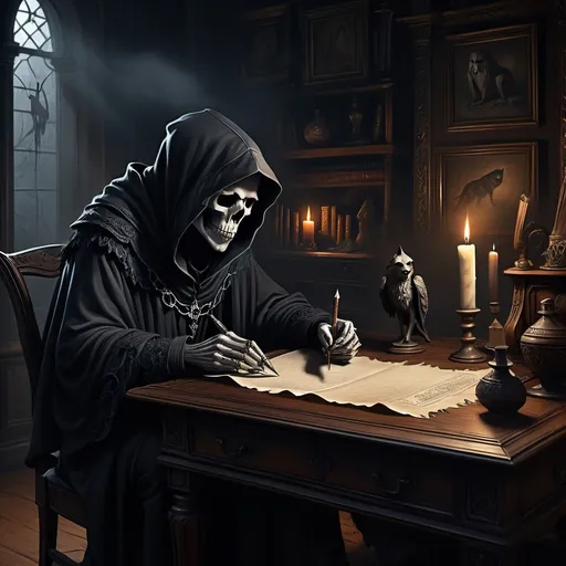 Prompt: (digital painting) (Grim Reaper), seated at an antique desk, dimly lit room with shadows, holding a quill and parchment, deep in thought, intricate details, mysterious ambiance, thought bubble with an image of a wolf, mystical elements, plush dark fabrics, flickering candlelight, atmospheric depth, enchanting contrasts, ultra-detailed, eerie yet captivating vibe, high-definition.