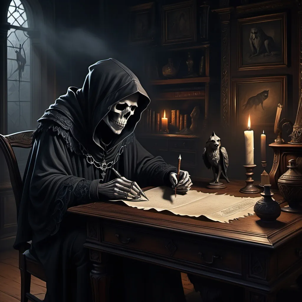 Prompt: (digital painting) (Grim Reaper), seated at an antique desk, dimly lit room with shadows, holding a quill and parchment, deep in thought, intricate details, mysterious ambiance, thought bubble with an image of a wolf, mystical elements, plush dark fabrics, flickering candlelight, atmospheric depth, enchanting contrasts, ultra-detailed, eerie yet captivating vibe, high-definition.