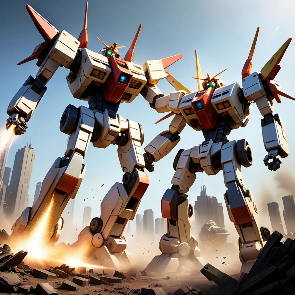 Prompt: A high-stakes mecha battle scene, inspired by the Robotech animated series. Two towering mechas, their metallic bodies gleaming in the sunlight, clash in a fierce duel. Energy beams fly across the battlefield, and debris flies everywhere. The mechas are locked in a grapple, their powerful limbs straining against each other.