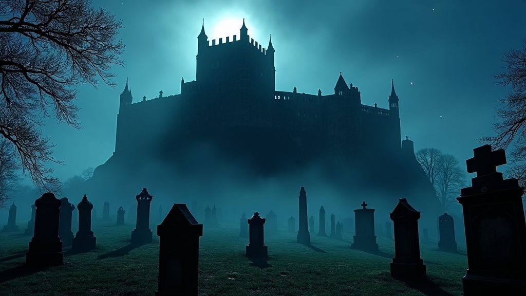 Prompt: A haunting nighttime scene of Edinburgh Castle looming over a historic graveyard. A ghostly figure can be seen pacing the castle ramparts, otherworldly glow emanates from the castle windows. The castle, bathed in an eerie, moonlight glow, casts long shadows across the weathered tombstones. A swirling mist rises from the castle walls, hinting at supernatural activity within. The sky is a deep, inky blue, punctuated by a few distant stars. The overall atmosphere is one of mystery, suspense, and the unknown.