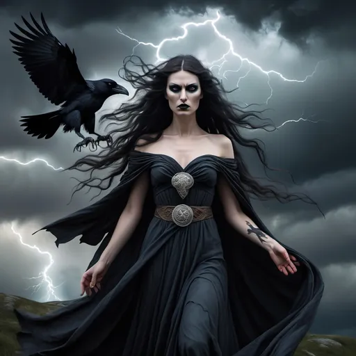 Prompt: A haunting portrait of the Morrigan, the Celtic goddess of war, death, and sovereignty. She is depicted as a fearsome figure, with crow-like features and a flowing, ethereal dress. She stands on a windswept hilltop, surrounded by ravens and storm clouds. A lightning bolt flashes in the background, illuminating her menacing expression. Incorporate Celtic symbols such as the triple moon, the spiral, and the tree of life into the artwork. Use a dark and moody color palette, with deep blues, purples, and blacks.