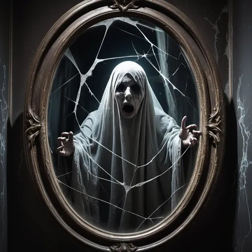 Prompt: A ghostly figure trapped within a cursed mirror. The ghost's face is distorted and contorted, its eyes filled with fear and desperation. The mirror is cracked and shattered, with dark, swirling energy emanating from the cracks. The background is a dark, shadowy room, with cobwebs and dust particles floating in the air.