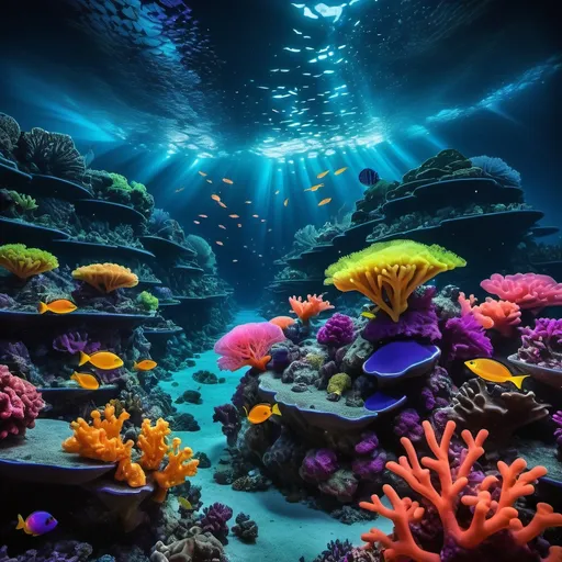 Prompt: A breathtaking underwater scene of a bioluminescent and fluorescent coral reef at night. The corals glow with vibrant colors, creating a mesmerizing spectacle. Schools of fish swim through the glowing reef, their scales shimmering with light. The water is dark and mysterious, with the moonlight filtering through the surface.