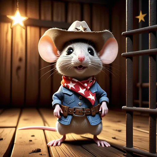 Prompt: CGI image of a (cute mouse) dressed as a (cowboy), small expressive eyes, playful smile, wearing a miniature cowboy hat and a star-patterned bandana, behind bars in a (wild-west style prison), dramatic lighting, vibrant colors, detailed textures, rustic wooden bars, dusty floor, playful atmosphere, high quality 4K resolution, whimsical expression, western accessory elements like a tiny hat and lasso, gun belt with pistol and holster set. nostalgic wild west ambiance.