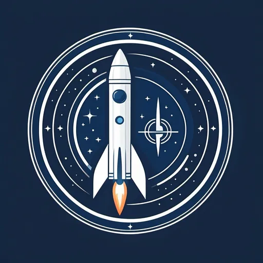 Prompt: Modern 2-toned logo for HERMES space mission, professional design, sleek blue and white, subtle modern elements, rocket at the center, circular logo, high quality, professional, subtle, modern, sleek design, circular, 2-toned, white and navy, space mission, modern two staged rocket