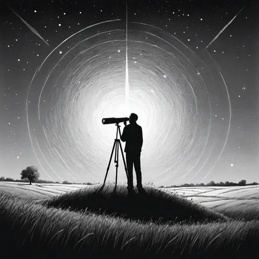 Prompt: black and white sketch drawing of a person alone in field looking at the star through a telescope