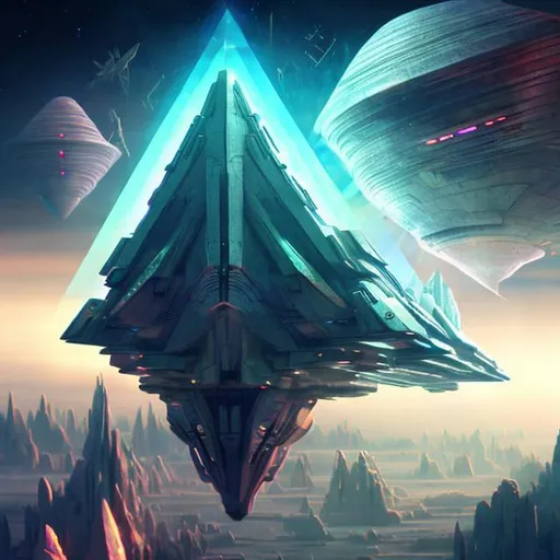Prompt: Geometric spaceship soaring over 4th-dimensional landscape, holographic geometric shapes, sci-fi 3D rendering, iridescent color palette, surreal atmosphere, intricate details, high quality, futuristic, 4th-dimensional landscape, holographic, surreal, sci-fi, 3D rendering, geometric spaceship, iridescent colors, intricate details, atmospheric lighting