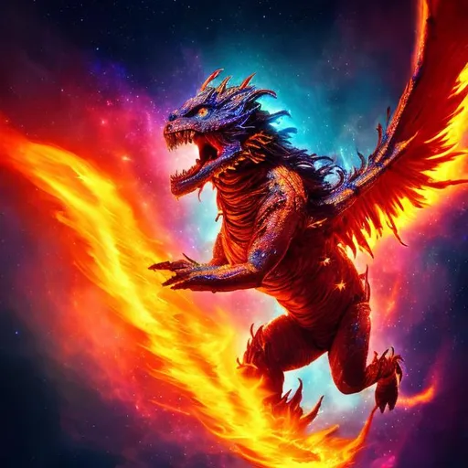 Prompt: Fire creature flying through space, vibrant flames engulfing its body, cosmic backdrop with sparkling stars, high-res, intense colors, fantasy, dynamic pose, blazing tail, glowing eyes, sleek design, professional, cosmic lighting