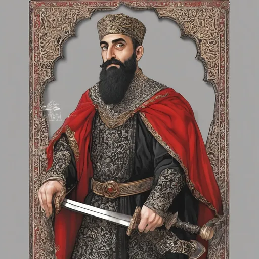 Prompt: An Iranian prince with an elderly face, hairless with a mustache and long details, black and red clothes, silver short sword in hand.