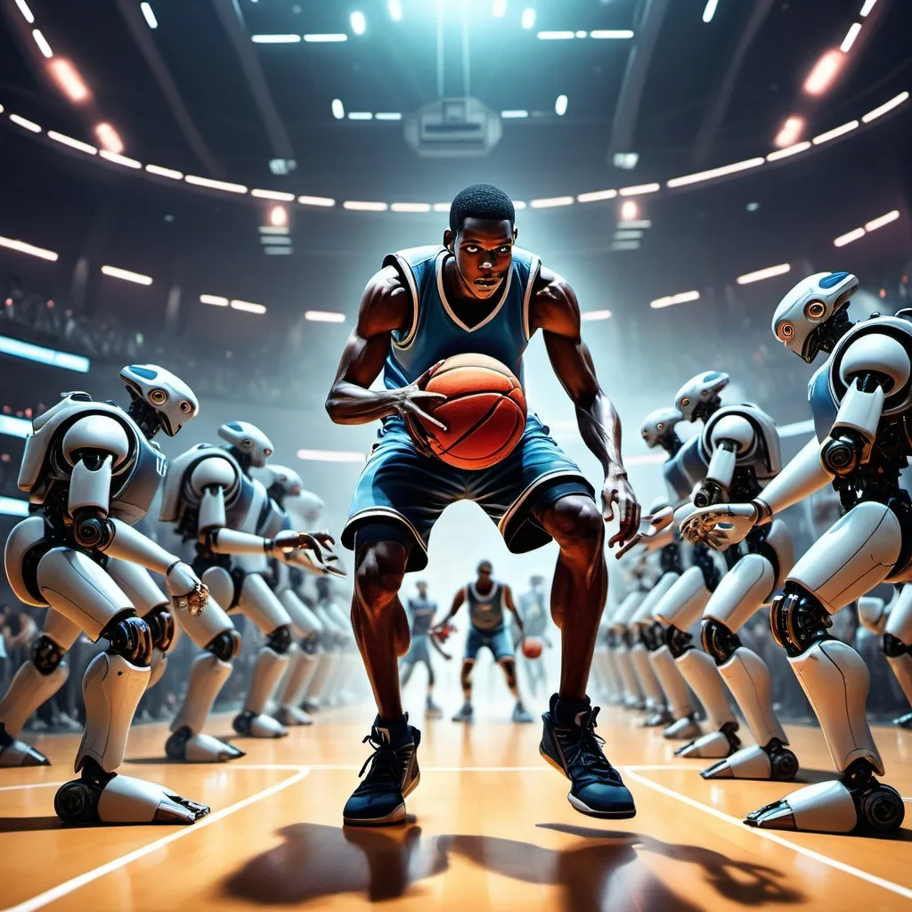 Prompt: An image of a basketball player (full body) playing against a crowd of evil robots.