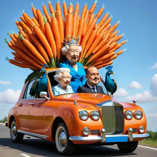 Prompt: the queen and the king travel in a car made of carrot .The followers stand there all along the way to greet them .The are peacocks that fly over the blue sky 