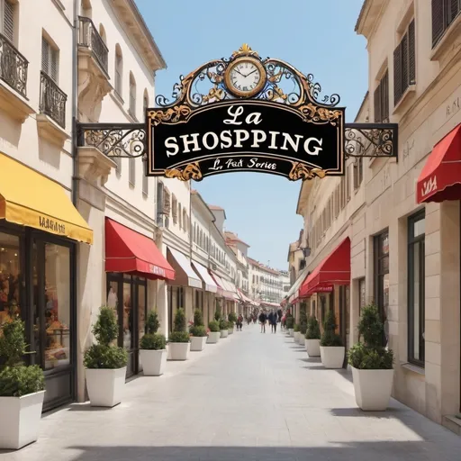 Prompt: NAME SIGN BOARD  "LA FESTA SHOPPING ROAD" WITH EUROPE ART, CLASSIC STYLE
