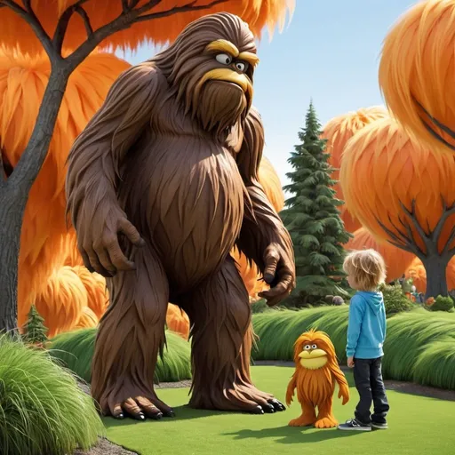 Prompt: Sasquatch standing over the Lorax; the Lorax looks scared