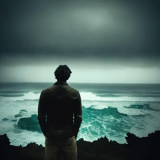 Prompt: a man, cliff, ocean, raining, dark, back view, sad, cold