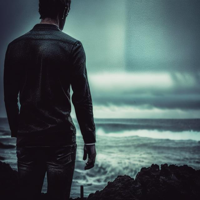 Prompt: a man, cliff, ocean, raining, dark, back view, sad, cold