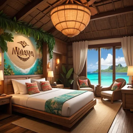 Prompt: Translate text with your camera
Design a hotel room based on the design idea of ​​the Moana movie