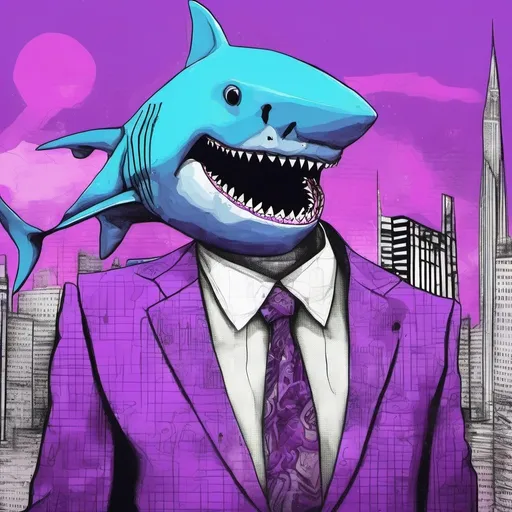 Prompt: humanoid shark in a business suit in a purple cyber city 