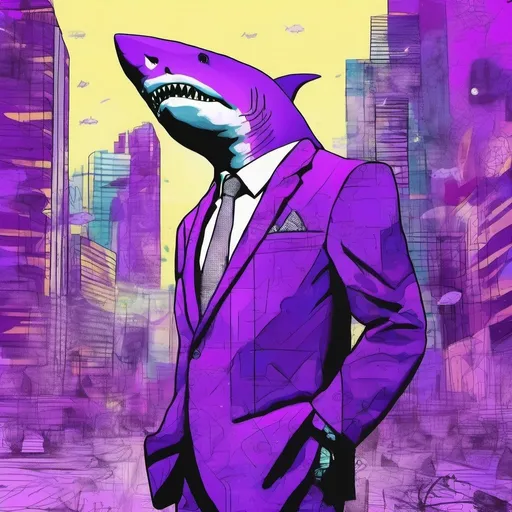 Prompt: shark in a business suit in a purple cyber city 
