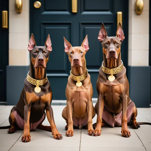 Prompt: 2 Fawn Dobermans in a luxury gold collar siting down, beside thair owner.