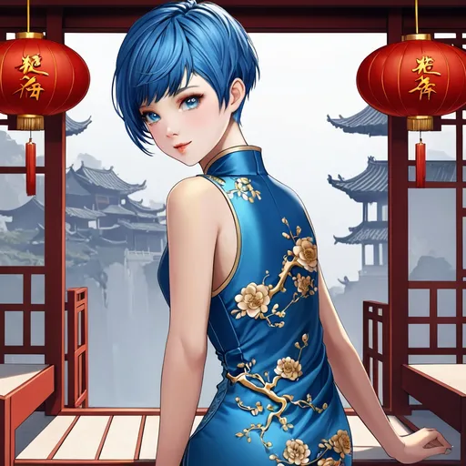 Prompt: blue hair, pixie hair cut, Chinese dress