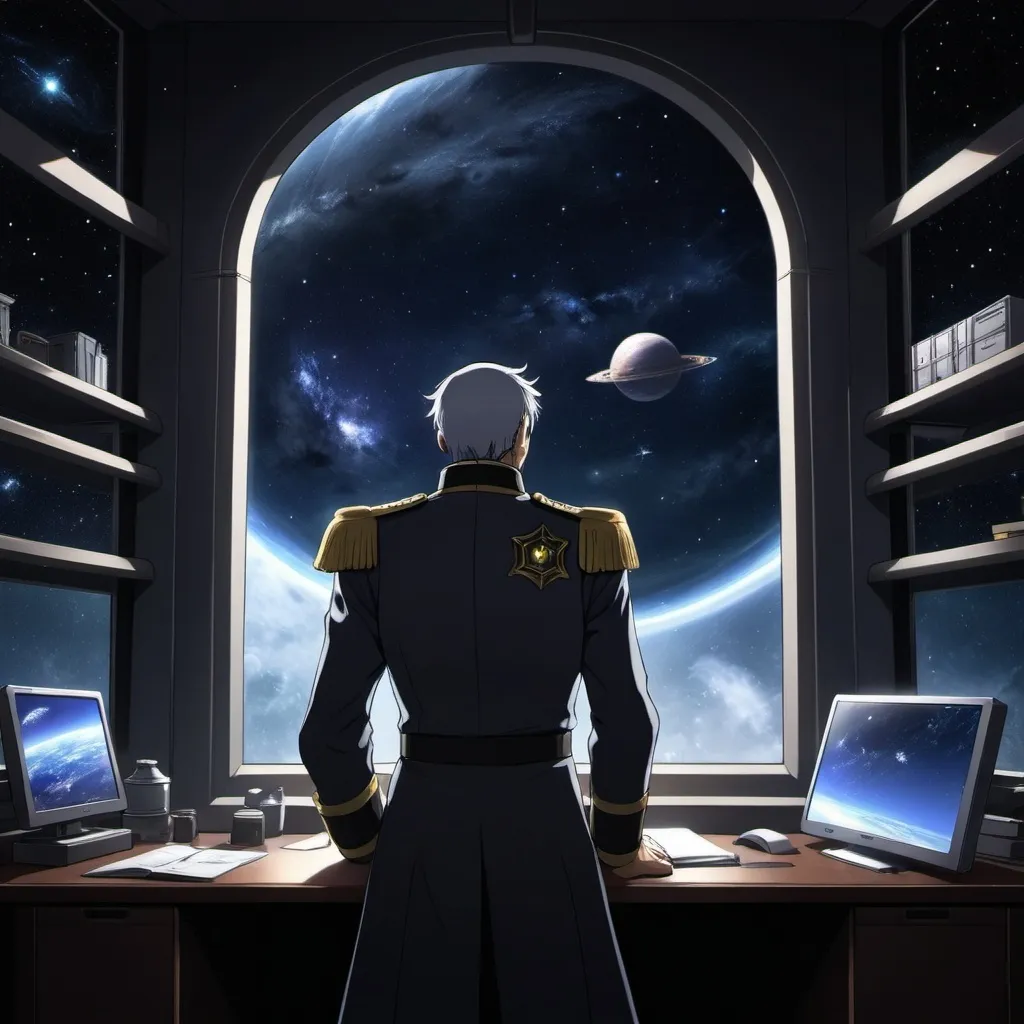 Prompt: an anime admiral of a space army looking outside of his dark office out onto a beautifull galaxy and a star system the  admiral and his room in shadows an anime character facing a coming silent death