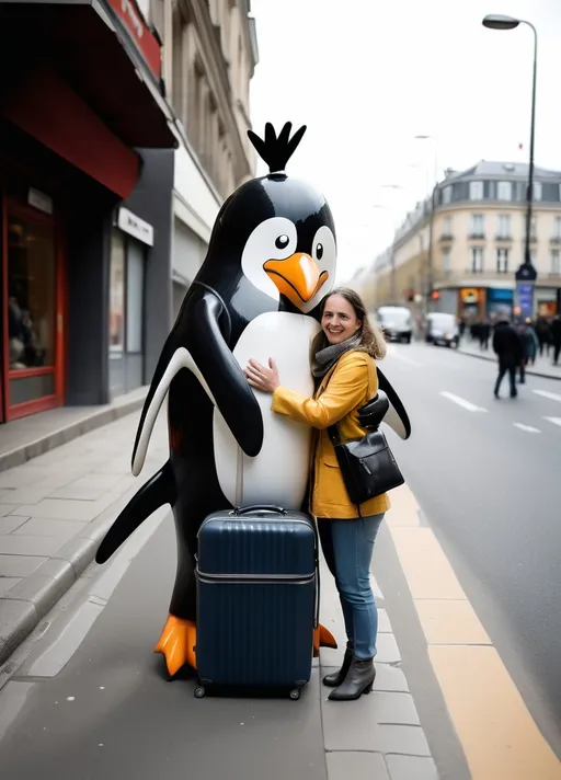 Prompt: a woman hugging a giant penguin on the street with a suitcase in front of her and a man in a penguin costume, Flavia Blois, plasticien, male, a picture