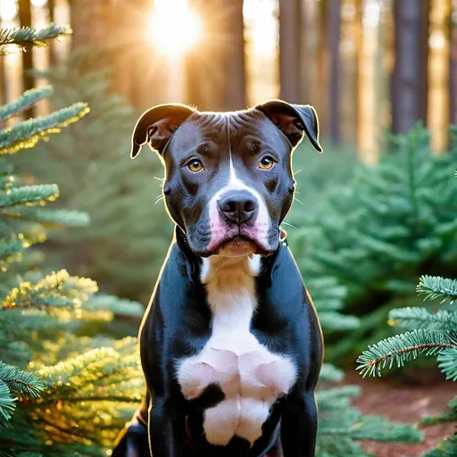 Prompt: A mixed black breed pitbull  sitting in an evergreen forest looking directly at you, golden hour
