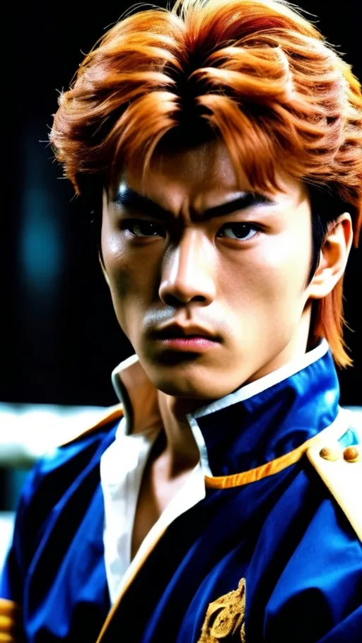 Prompt: Capture a live-action version of Kazuma Kuwabara, portrayed by a real actor, extremely like the character, in an intense 80s-style scene, similar to a textured DVD screenshot of Excalibur (1982). Kuwabara is 17 years old, has orange hair, with a pompadour, wearing her blue school uniform, in a fighting ring, in the underworld, his expression captured by the dramatic lighting. The atmosphere is mythical, with a gritty texture that adds to the realism, and the accidental setting emphasizes the classic fantasy aesthetic of the time. --ar 3:2