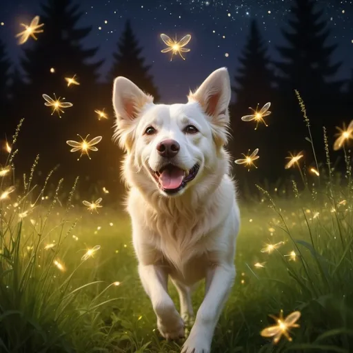 Prompt: a dog playing with fireflies