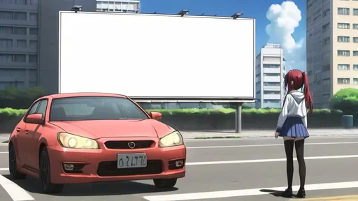 Prompt: Anime girl standing beside car looking at city with a blank billboard