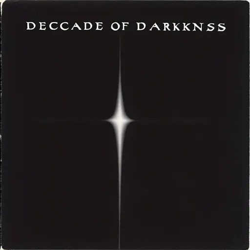 Prompt: black album cover from 1980s saying:  decade of darkness 1980-1990