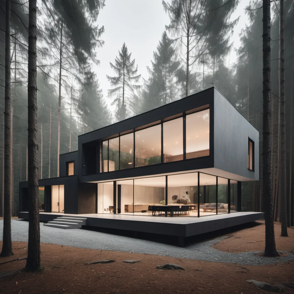 Prompt: a minimalist contemporary house in a forest 