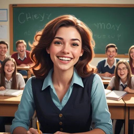 Prompt: Disney-style illustration of a (beautiful woman) in a university classroom, radiating joy with a (bright smile), surrounded by (students) at desks. Contrasting, an (ugly, evil male professor) looms menacingly by the (chalkboard). The classroom is lively and colorful, filled with warmth and light, creating an atmosphere of tension and contrast between beauty and darkness. (Vibrant colors, dynamic scene, ultra-detailed, 2D)