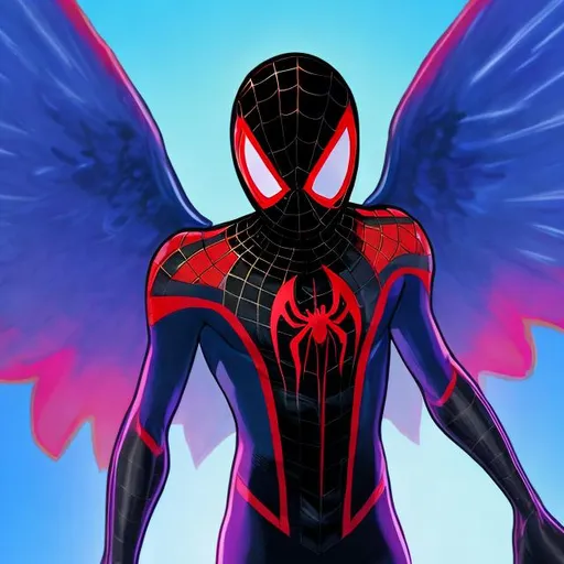 Prompt: miles morales with wings that are on blue flames