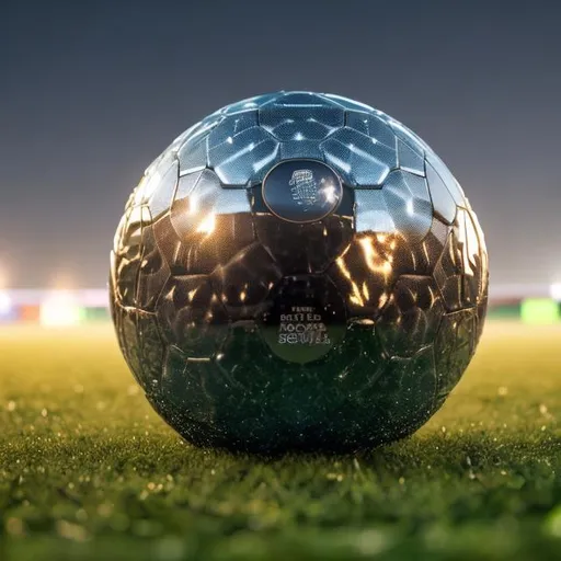 Prompt: zoom up of state-of-the-art piece displaying sphere ball made of smooth medal-looking, reflective material sitting on middle of grass field in large soccer stadium, 8k, centered in camera